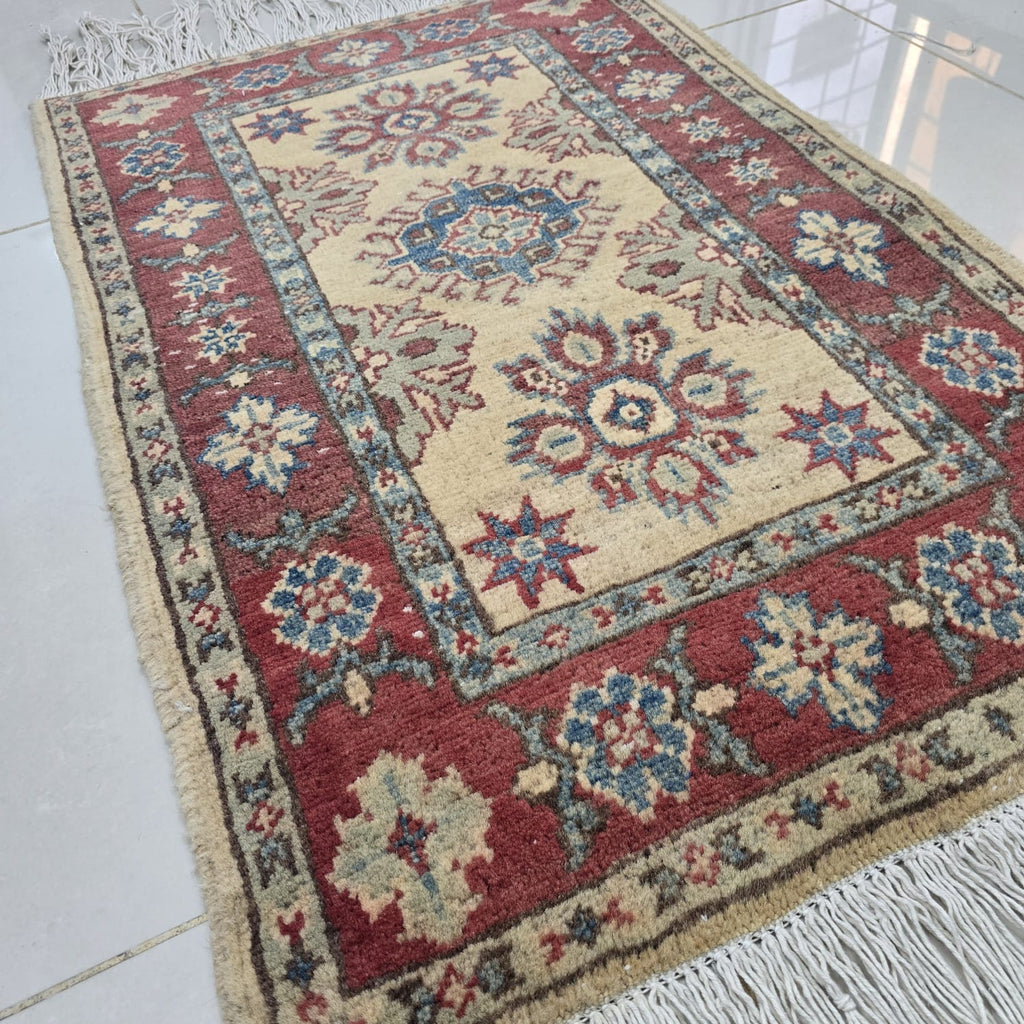 2x3 Beige Commercial Kazak Geometric Area Rug | Handmade Wool & Cotton Rug