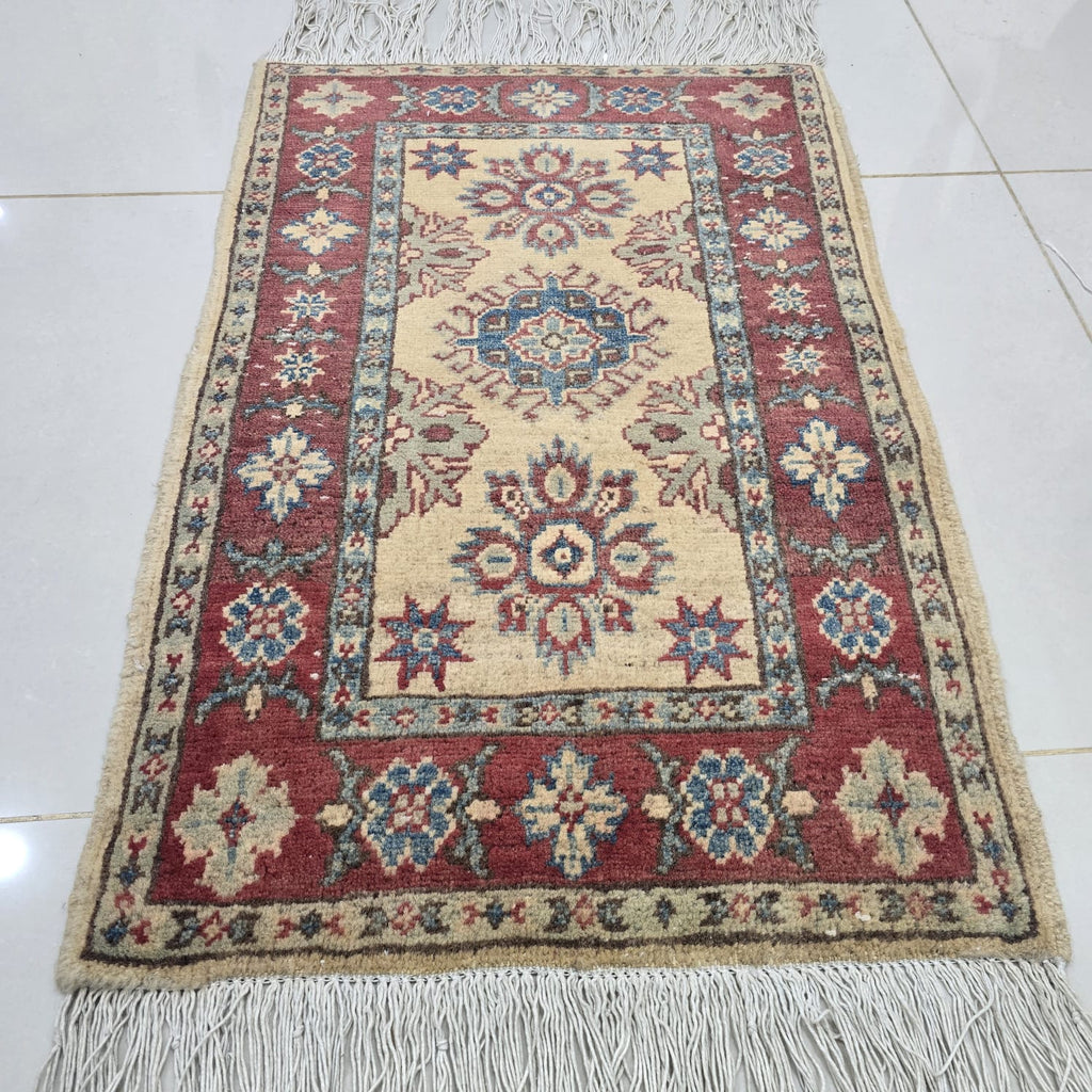 2x3 Beige Commercial Kazak Geometric Area Rug | Handmade Wool & Cotton Rug
