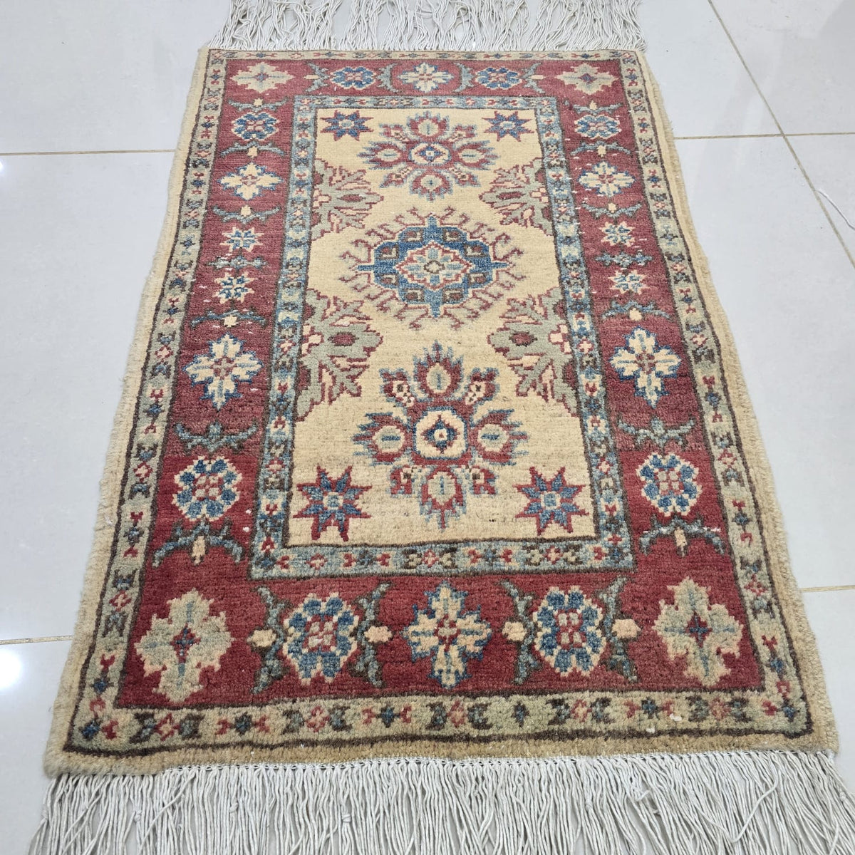 2x3 Beige Commercial Kazak Geometric Area Rug | Handmade Wool & Cotton Rug