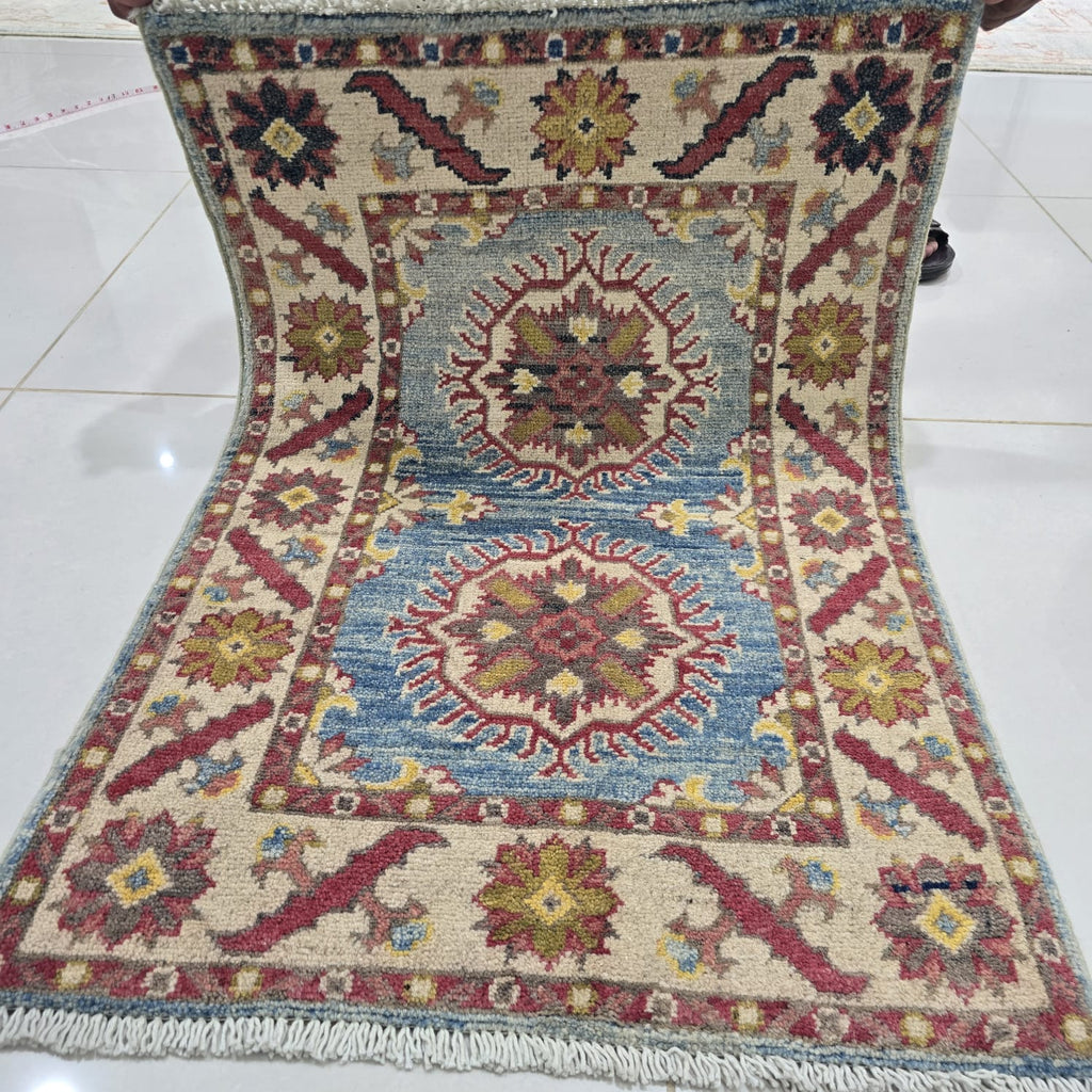 2x3 Blue Commercial Kazak Geometric Area Rug | Handmade Wool & Cotton Rug