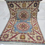 2x3 Blue Commercial Kazak Geometric Area Rug | Handmade Wool & Cotton Rug