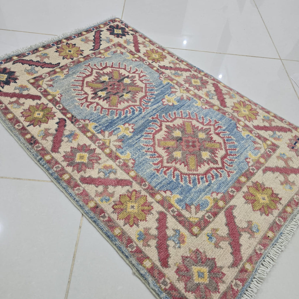 2x3 Blue Commercial Kazak Geometric Area Rug | Handmade Wool & Cotton Rug