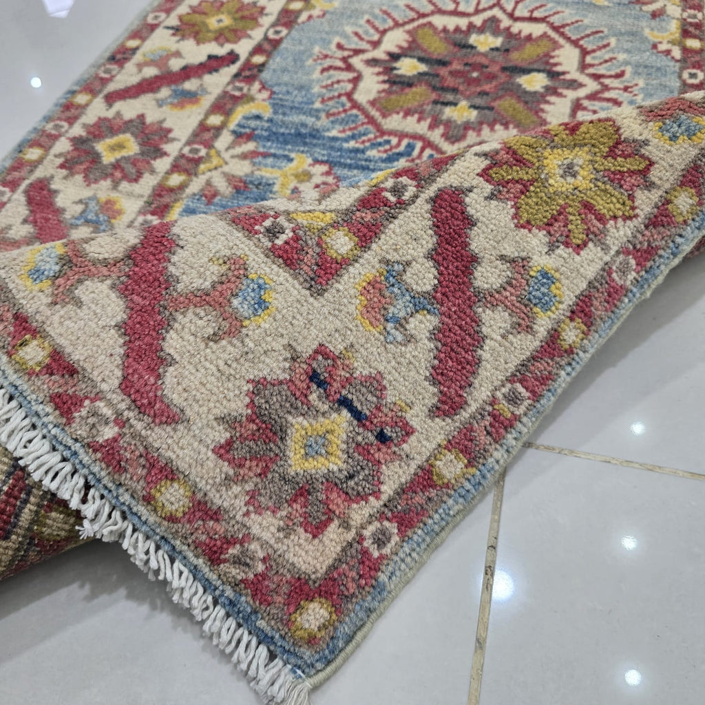 2x3 Blue Commercial Kazak Geometric Area Rug | Handmade Wool & Cotton Rug