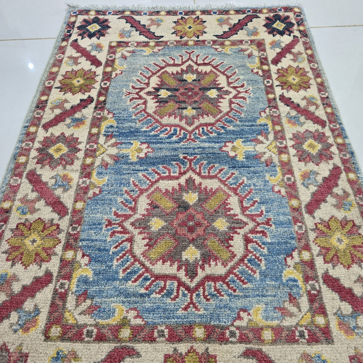 2x3 Blue Commercial Kazak Geometric Area Rug | Handmade Wool & Cotton Rug
