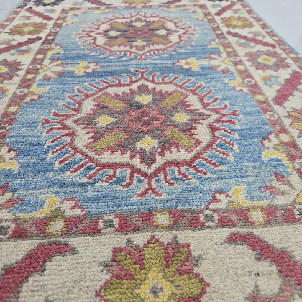 2x3 Blue Commercial Kazak Geometric Area Rug | Handmade Wool & Cotton Rug