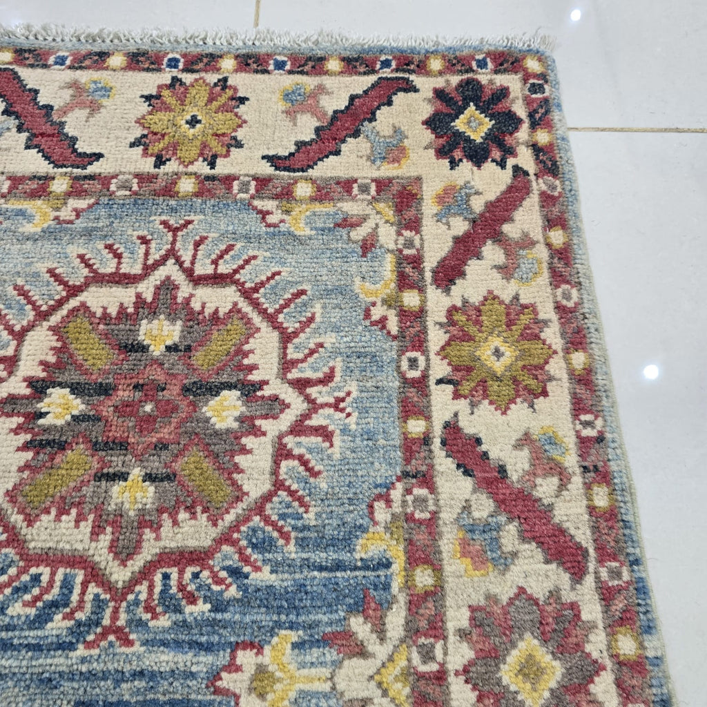 2x3 Blue Commercial Kazak Geometric Area Rug | Handmade Wool & Cotton Rug