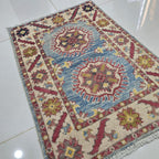 2x3 Blue Commercial Kazak Geometric Area Rug | Handmade Wool & Cotton Rug