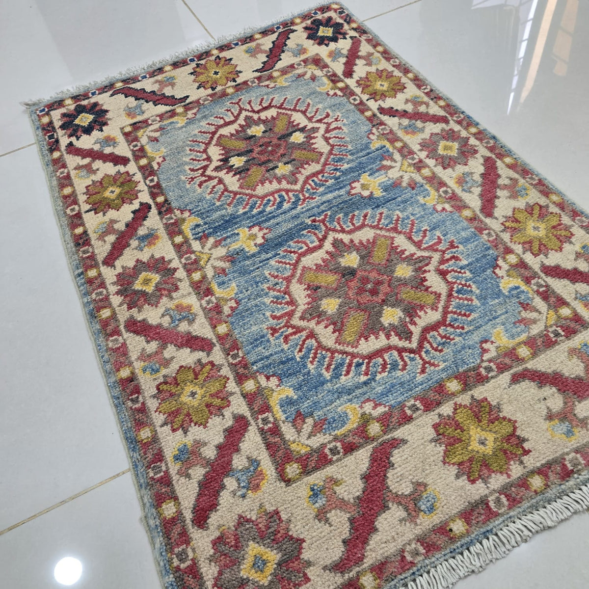 2x3 Blue Commercial Kazak Geometric Area Rug | Handmade Wool & Cotton Rug