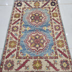 2x3 Blue Commercial Kazak Geometric Area Rug | Handmade Wool & Cotton Rug