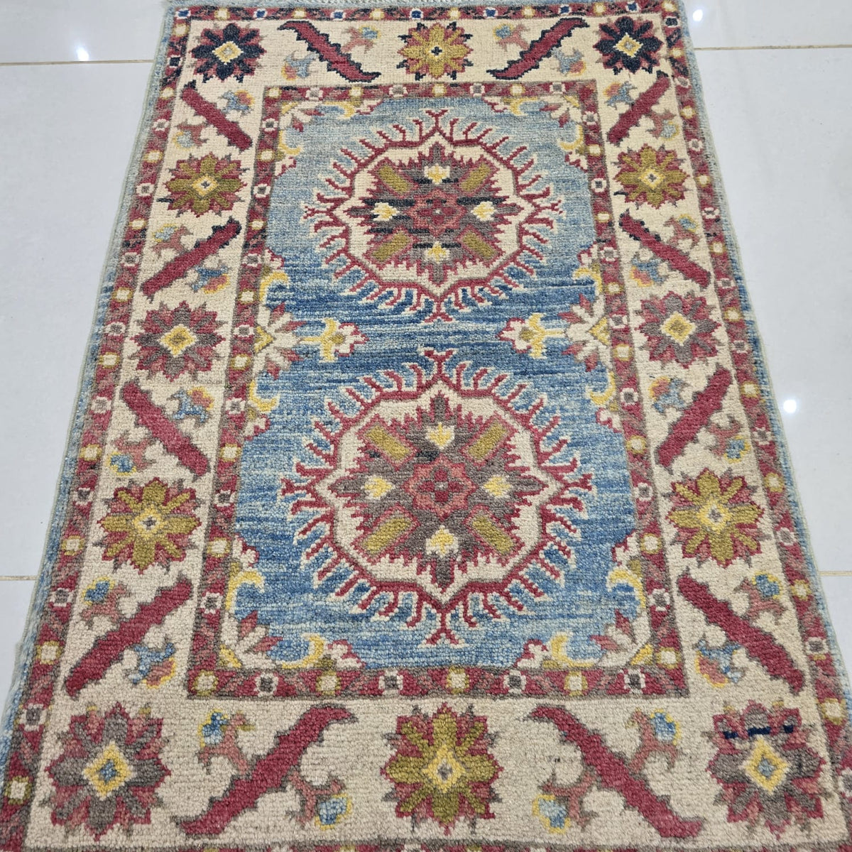 2x3 Blue Commercial Kazak Geometric Area Rug | Handmade Wool & Cotton Rug