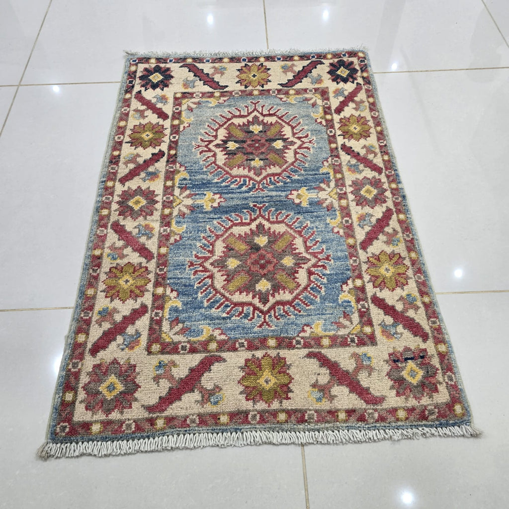 2x3 Blue Commercial Kazak Geometric Area Rug | Handmade Wool & Cotton Rug