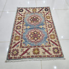 2x3 Blue Commercial Kazak Geometric Area Rug | Handmade Wool & Cotton Rug