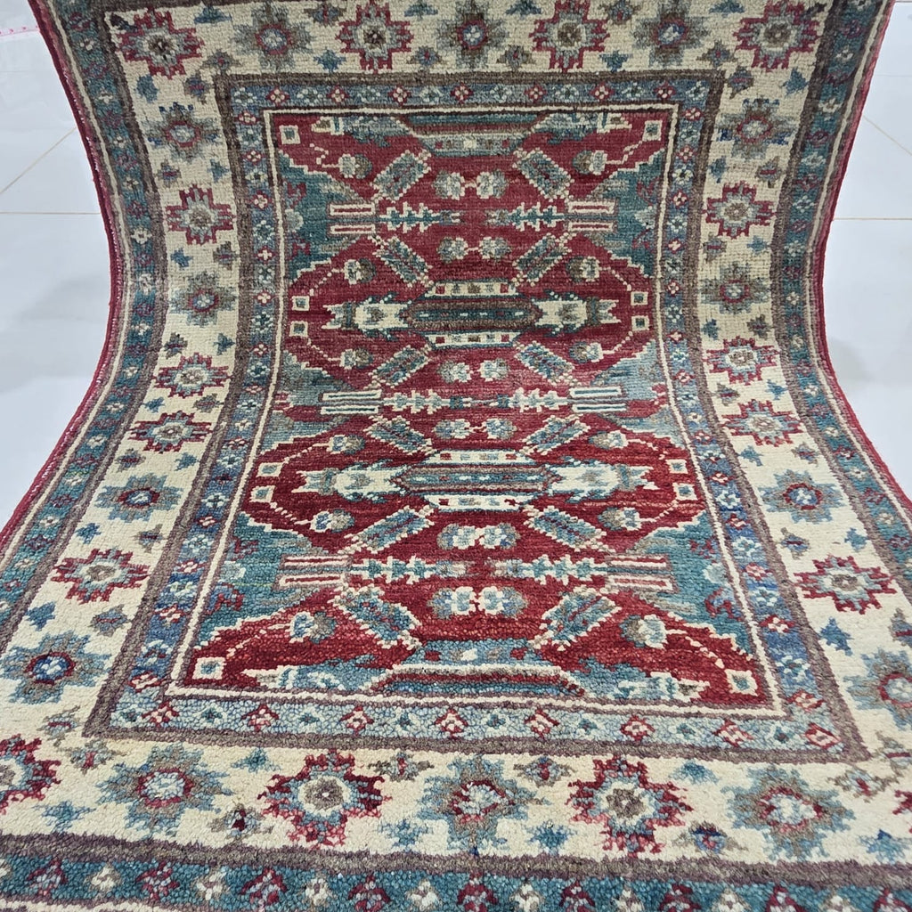 2x2.5 Red Commercial Kazak Geometric Area Rug | Handmade Wool & Cotton Rug