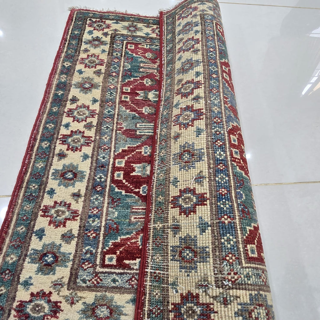 2x2.5 Red Commercial Kazak Geometric Area Rug | Handmade Wool & Cotton Rug