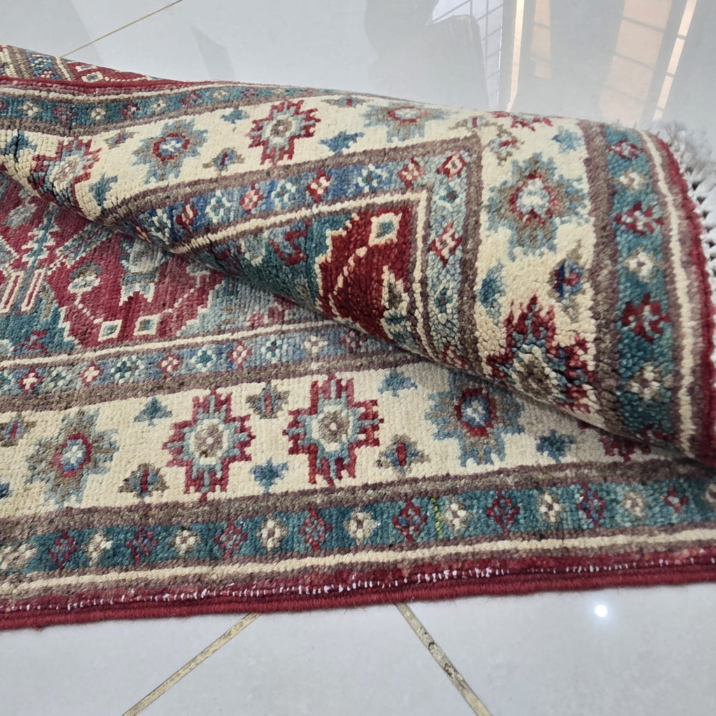 2x2.5 Red Commercial Kazak Geometric Area Rug | Handmade Wool & Cotton Rug