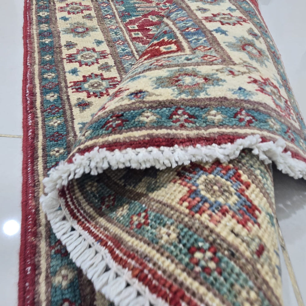 2x2.5 Red Commercial Kazak Geometric Area Rug | Handmade Wool & Cotton Rug