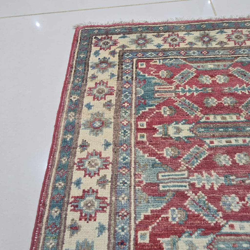 2x2.5 Red Commercial Kazak Geometric Area Rug | Handmade Wool & Cotton Rug
