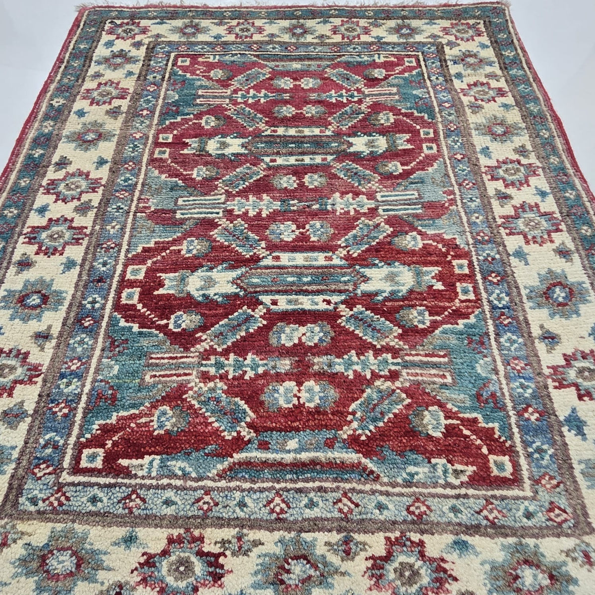 2x2.5 Red Commercial Kazak Geometric Area Rug | Handmade Wool & Cotton Rug
