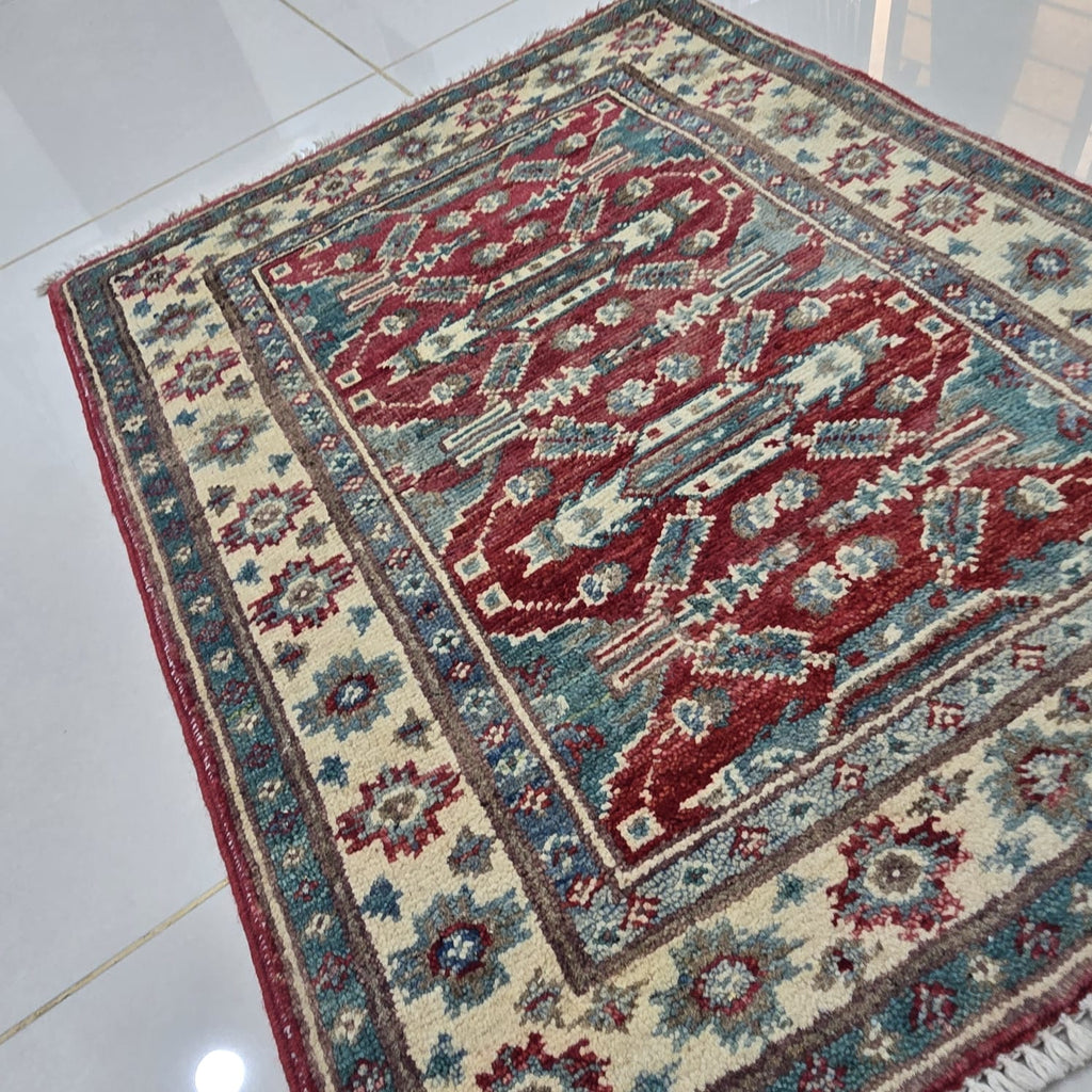 2x2.5 Red Commercial Kazak Geometric Area Rug | Handmade Wool & Cotton Rug