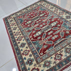 2x2.5 Red Commercial Kazak Geometric Area Rug | Handmade Wool & Cotton Rug