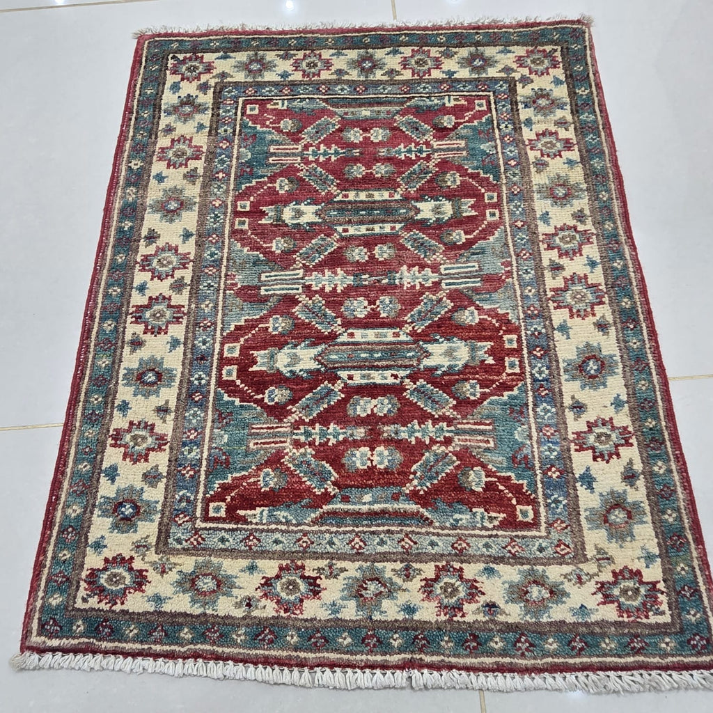 2x2.5 Red Commercial Kazak Geometric Area Rug | Handmade Wool & Cotton Rug