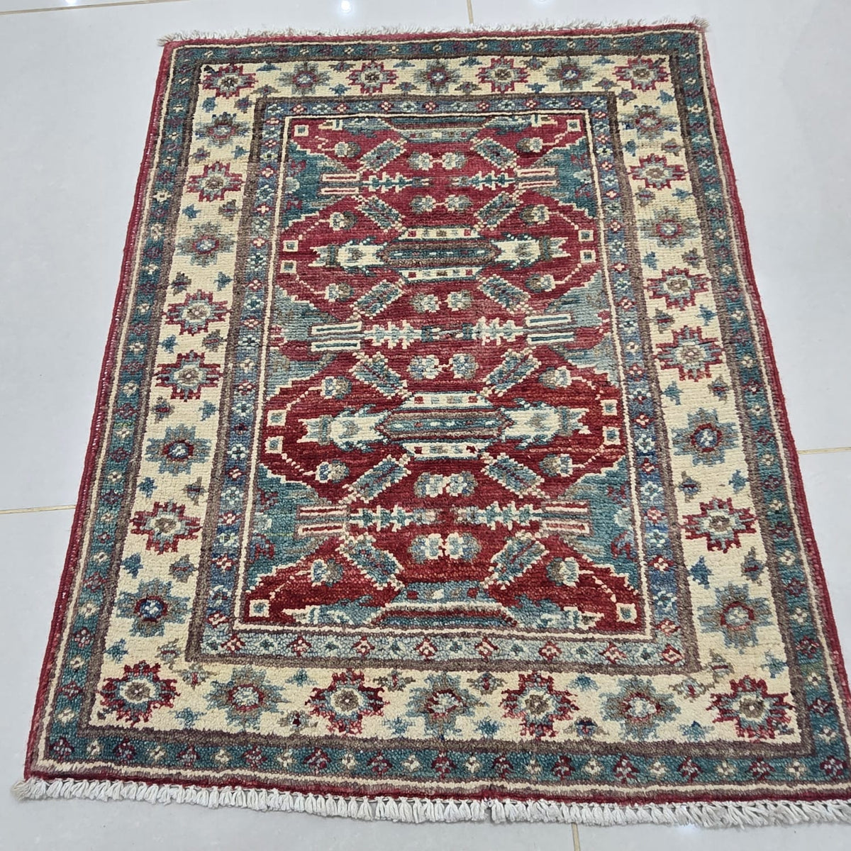 2x2.5 Red Commercial Kazak Geometric Area Rug | Handmade Wool & Cotton Rug