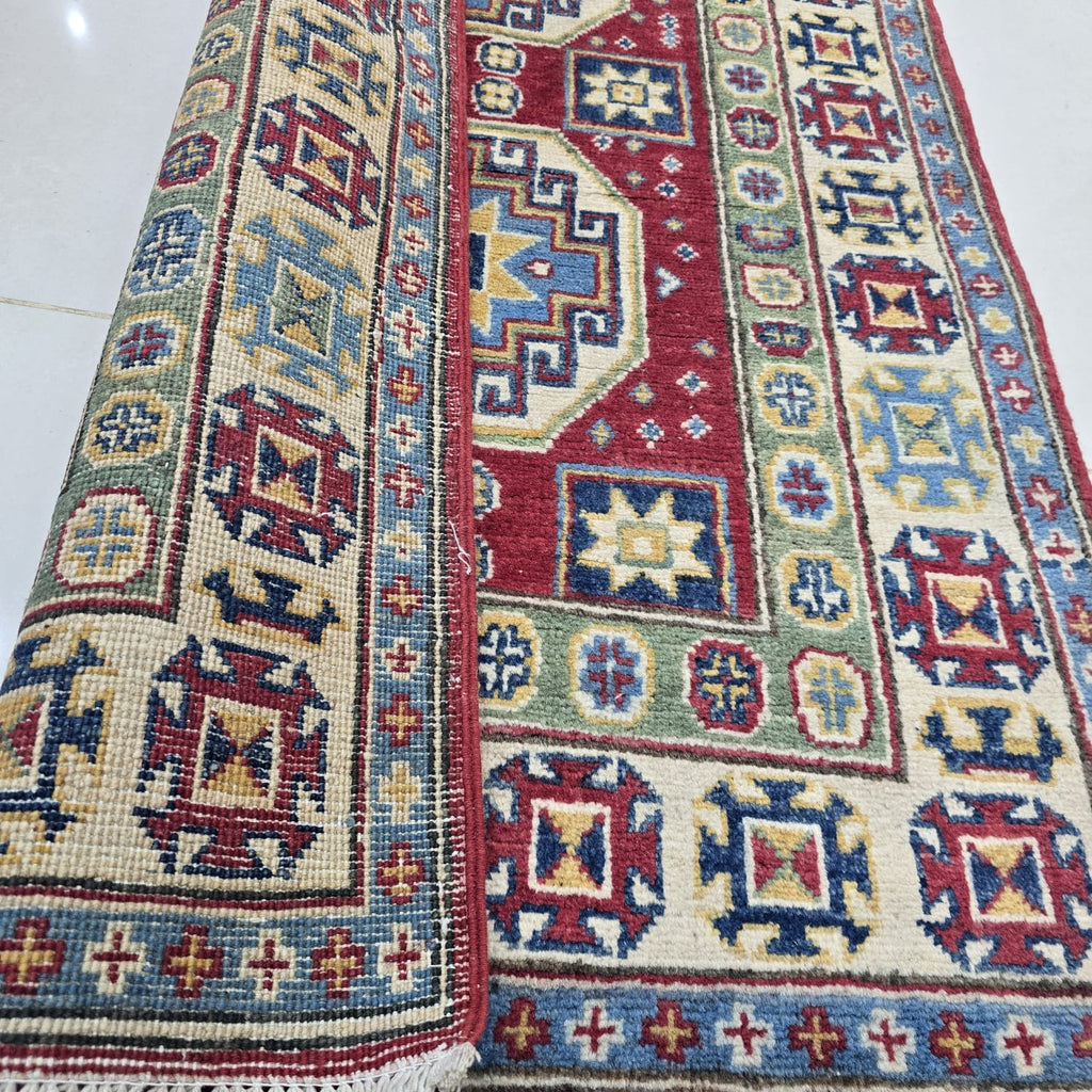 2.5x4 Red Commercial Kazak Geometric Area Rug | Handmade Wool & Cotton Rug