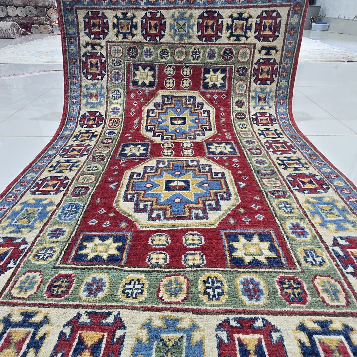 2.5x4 Red Commercial Kazak Geometric Area Rug | Handmade Wool & Cotton Rug