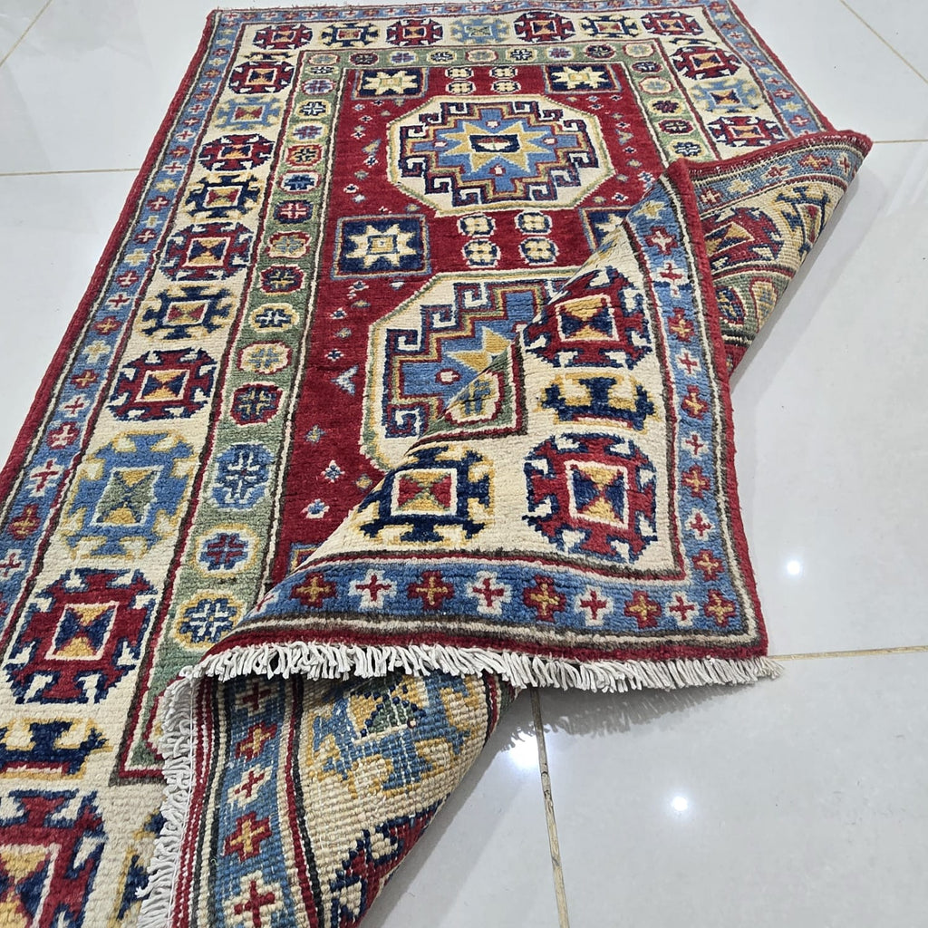 2.5x4 Red Commercial Kazak Geometric Area Rug | Handmade Wool & Cotton Rug