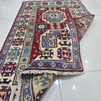 2.5x4 Red Commercial Kazak Geometric Area Rug | Handmade Wool & Cotton Rug