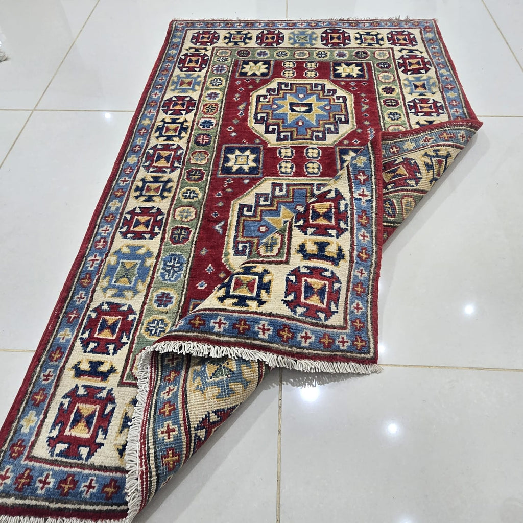2.5x4 Red Commercial Kazak Geometric Area Rug | Handmade Wool & Cotton Rug