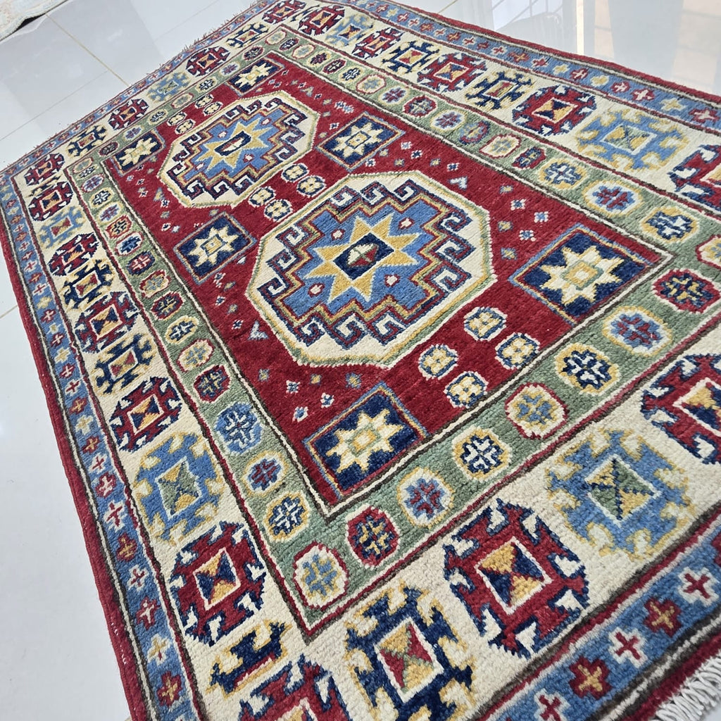 2.5x4 Red Commercial Kazak Geometric Area Rug | Handmade Wool & Cotton Rug
