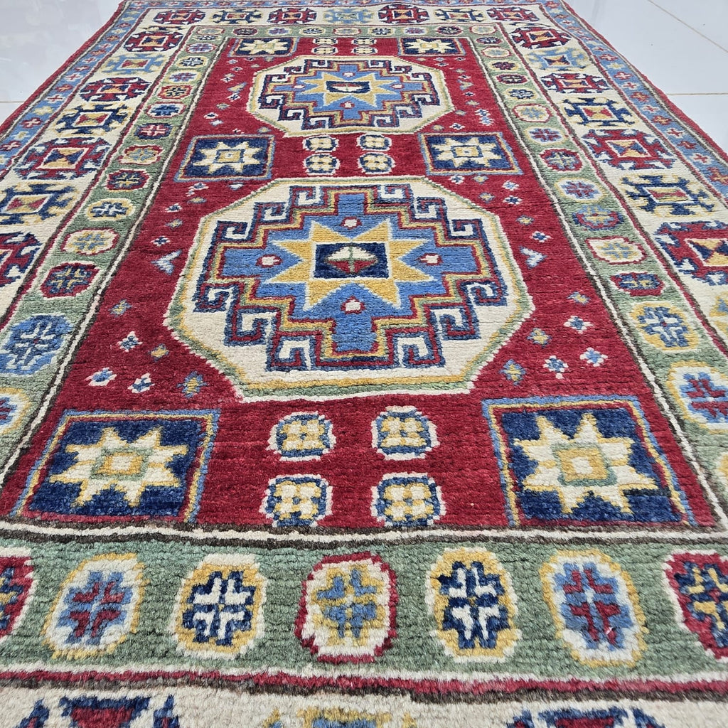 2.5x4 Red Commercial Kazak Geometric Area Rug | Handmade Wool & Cotton Rug
