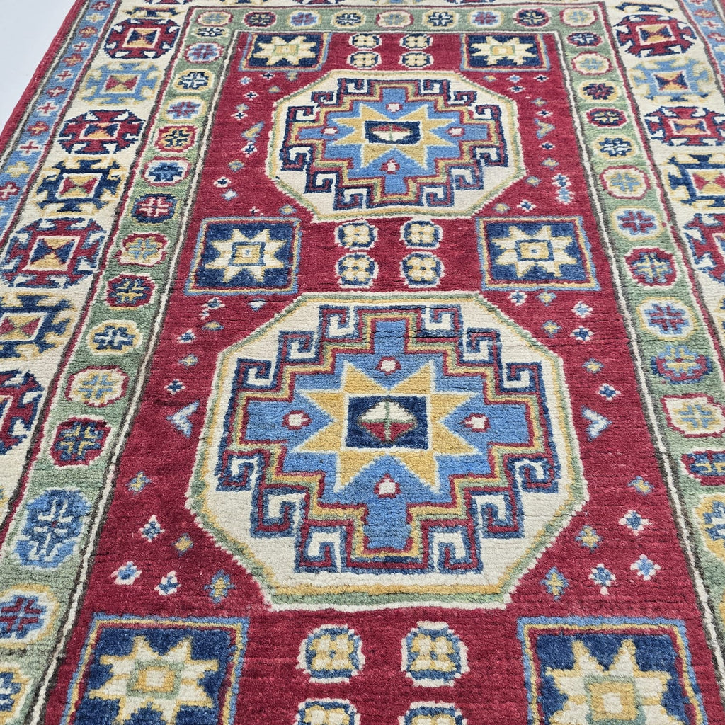 2.5x4 Red Commercial Kazak Geometric Area Rug | Handmade Wool & Cotton Rug