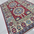 2.5x4 Red Commercial Kazak Geometric Area Rug | Handmade Wool & Cotton Rug