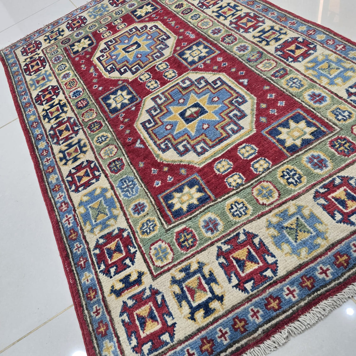2.5x4 Red Commercial Kazak Geometric Area Rug | Handmade Wool & Cotton Rug