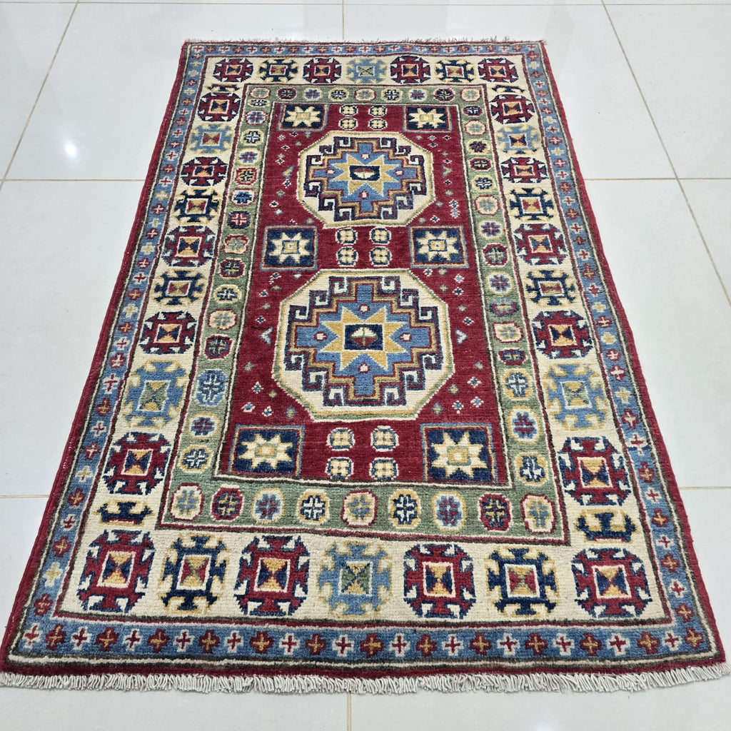 2.5x4 Red Commercial Kazak Geometric Area Rug | Handmade Wool & Cotton Rug