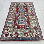 2.5x4 Red Commercial Kazak Geometric Area Rug | Handmade Wool & Cotton Rug