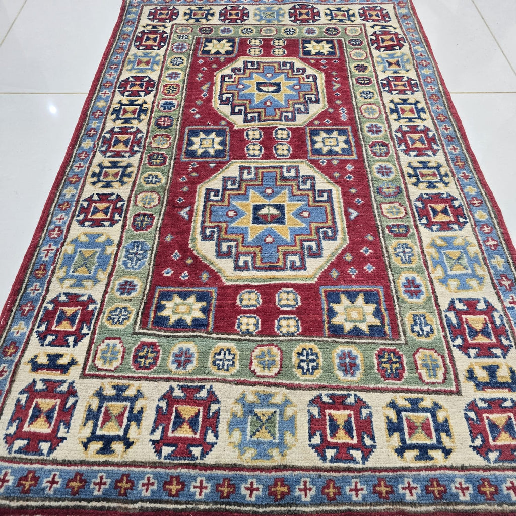2.5x4 Red Commercial Kazak Geometric Area Rug | Handmade Wool & Cotton Rug