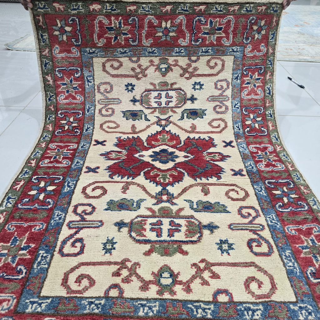 2.5x4 Beige Commercial Kazak Geometric Area Rug | Handmade Wool & Cotton Rug
