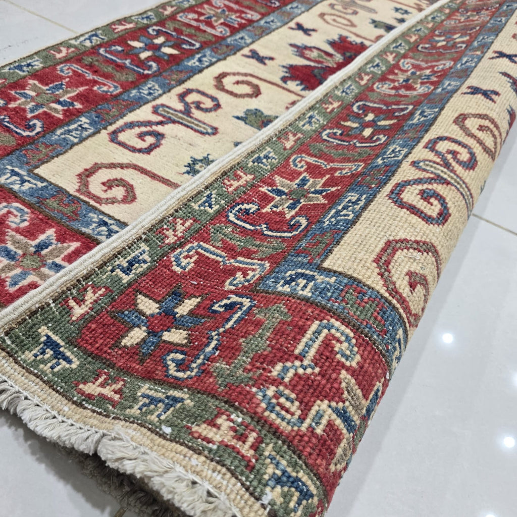 2.5x4 Beige Commercial Kazak Geometric Area Rug | Handmade Wool & Cotton Rug