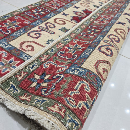 2.5x4 Beige Commercial Kazak Geometric Area Rug | Handmade Wool & Cotton Rug