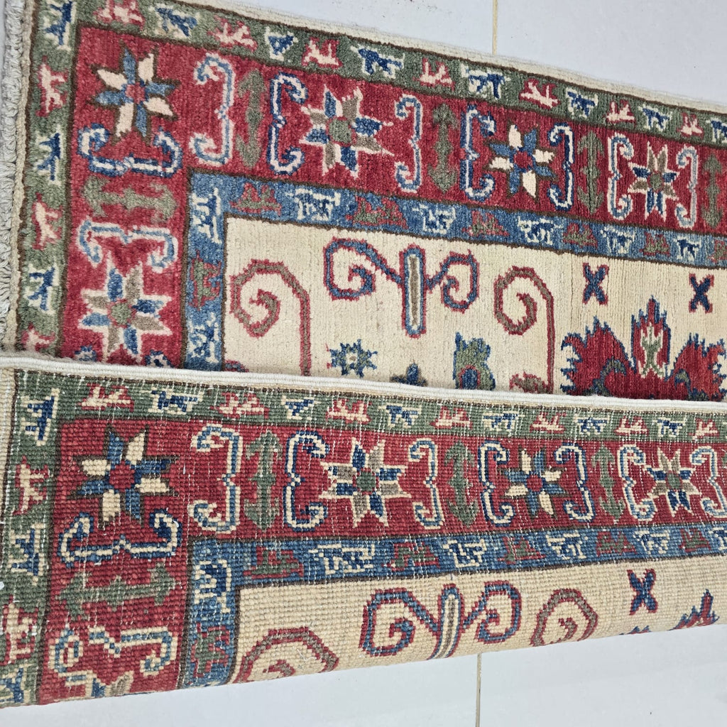 2.5x4 Beige Commercial Kazak Geometric Area Rug | Handmade Wool & Cotton Rug