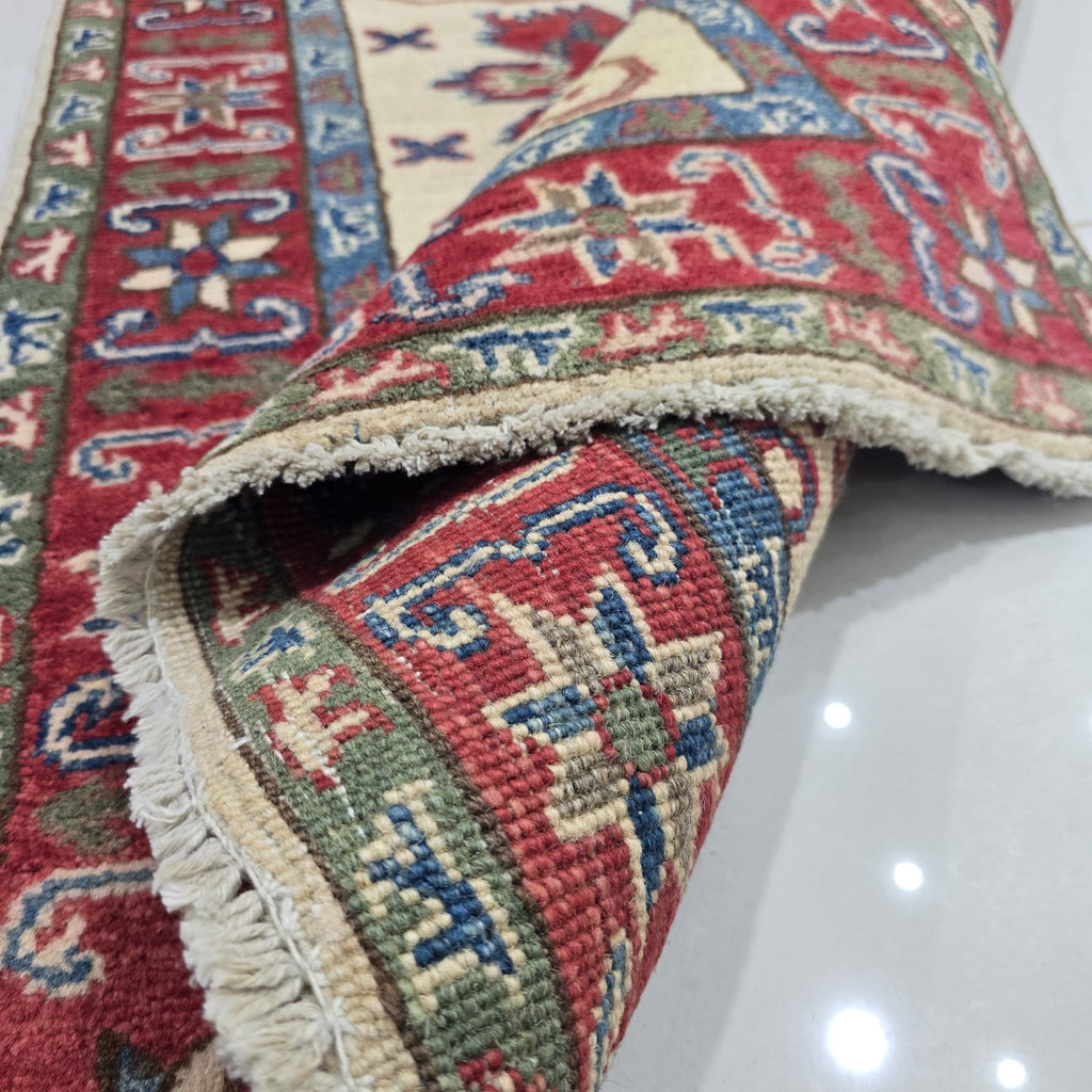2.5x4 Beige Commercial Kazak Geometric Area Rug | Handmade Wool & Cotton Rug