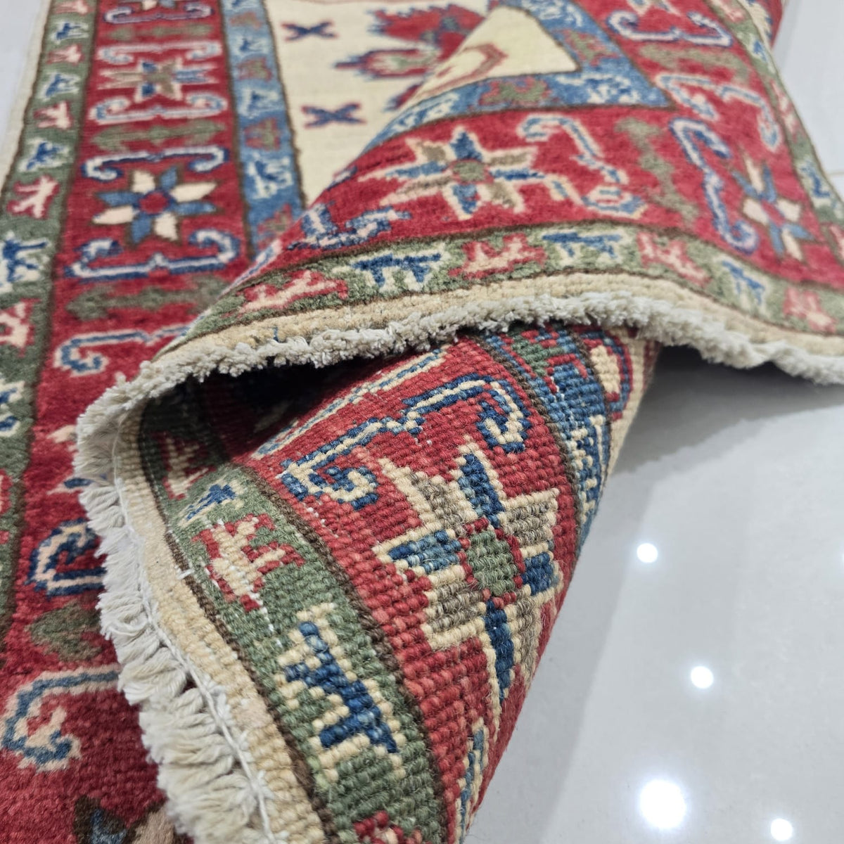 2.5x4 Beige Commercial Kazak Geometric Area Rug | Handmade Wool & Cotton Rug