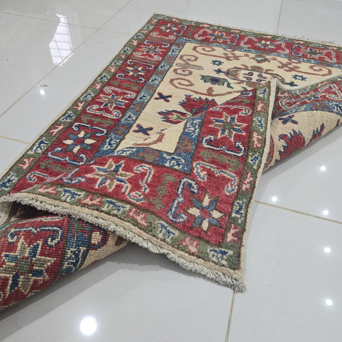 2.5x4 Beige Commercial Kazak Geometric Area Rug | Handmade Wool & Cotton Rug