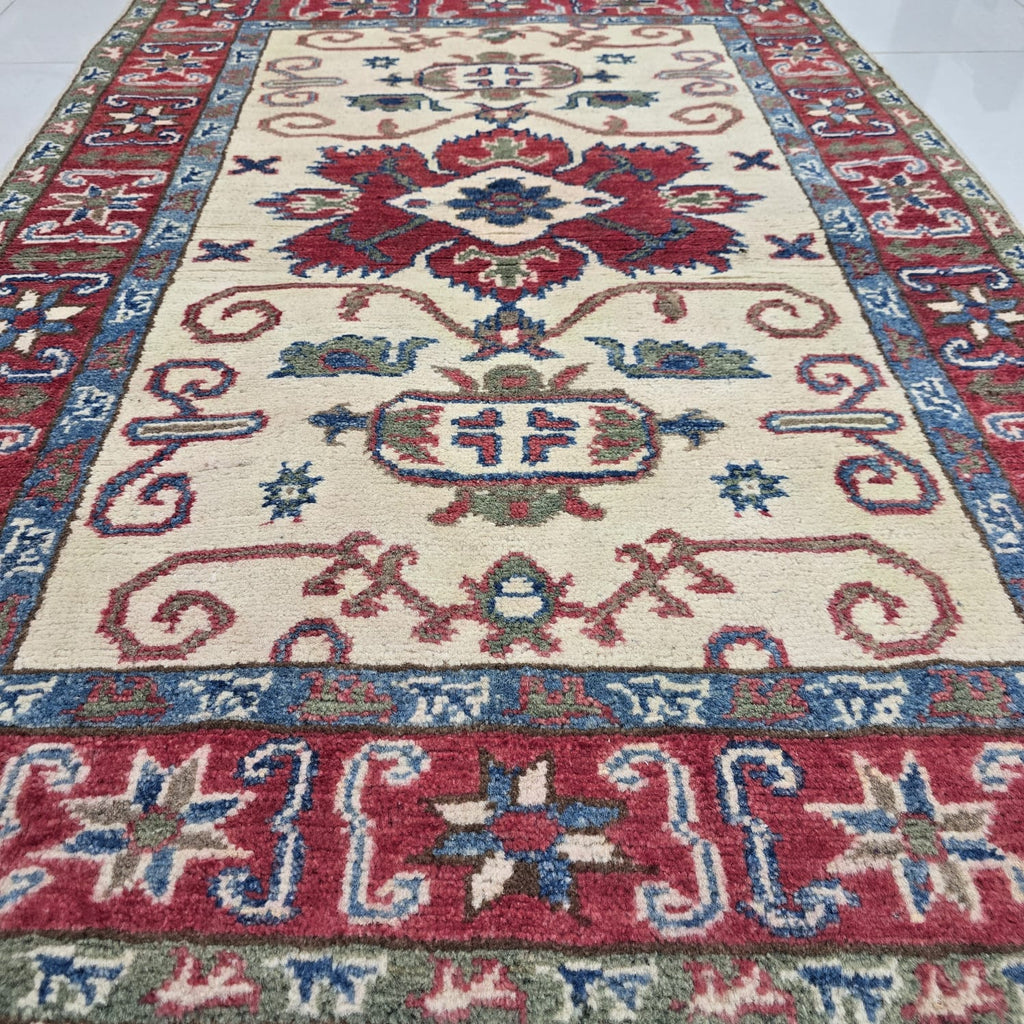 2.5x4 Beige Commercial Kazak Geometric Area Rug | Handmade Wool & Cotton Rug