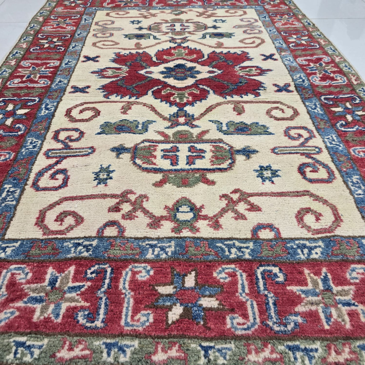 2.5x4 Beige Commercial Kazak Geometric Area Rug | Handmade Wool & Cotton Rug