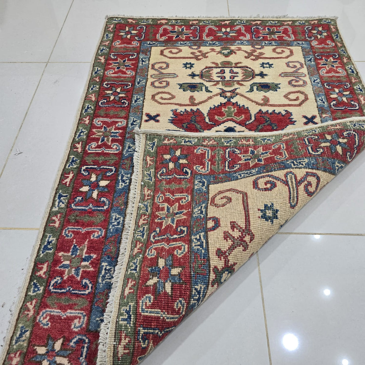 2.5x4 Beige Commercial Kazak Geometric Area Rug | Handmade Wool & Cotton Rug