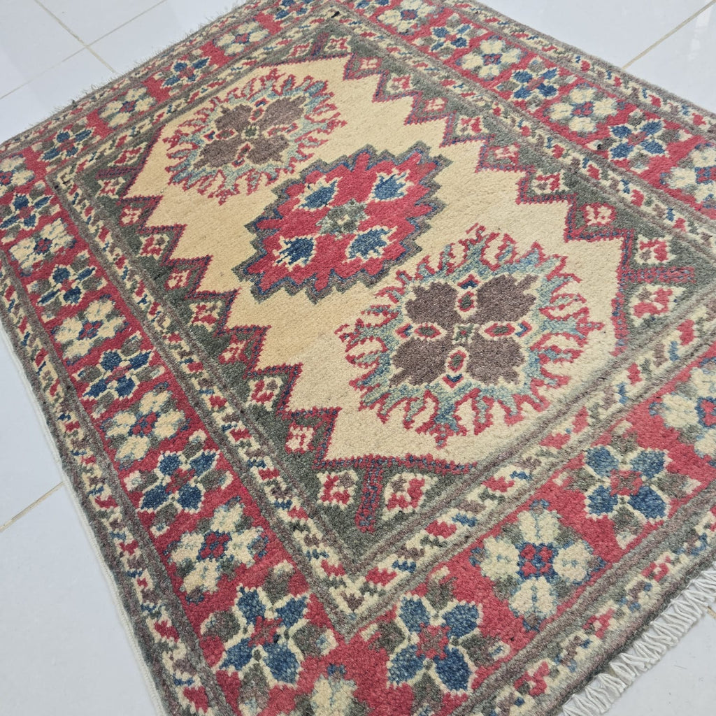 2x3 Brown Commercial Kazak Geometric Area Rug | Handmade Wool & Cotton Rug